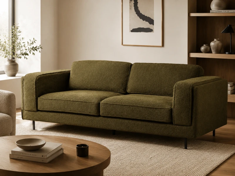 Simple Green Boucle 225 cm sofa - boucle three seater box sofa iron legs