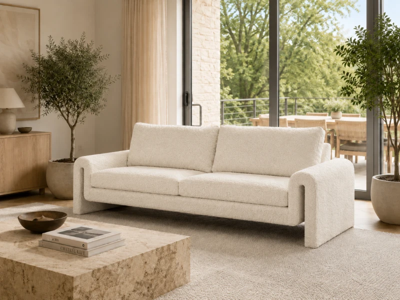 White Three Seater Sofa 236 cm white boucle designer shape
