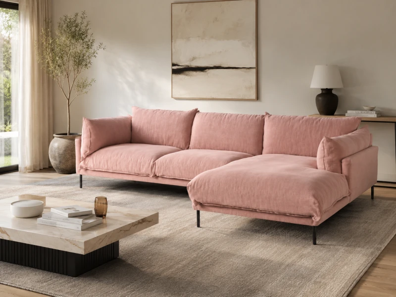 Pink Linen Corner Sofa 170 × 285 cm – Blush Pink Linen Upholstery, Black Legs, Deep Cushions