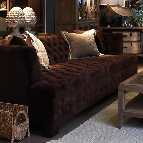 Chocolate sofa with buttoned seat and back