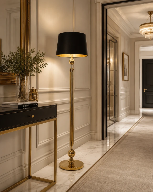Chesham Gold floor lamp with black shade