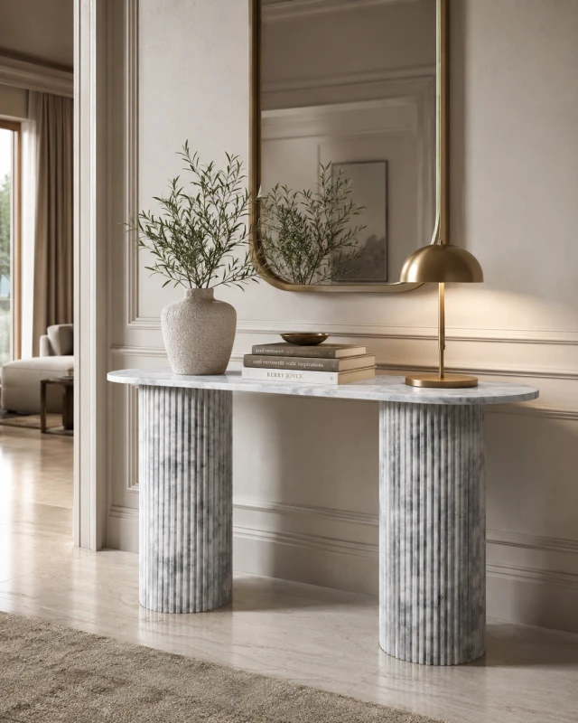 Marble Column Console Table - 153x78 cm, Light Marble Column Base with Marble Top