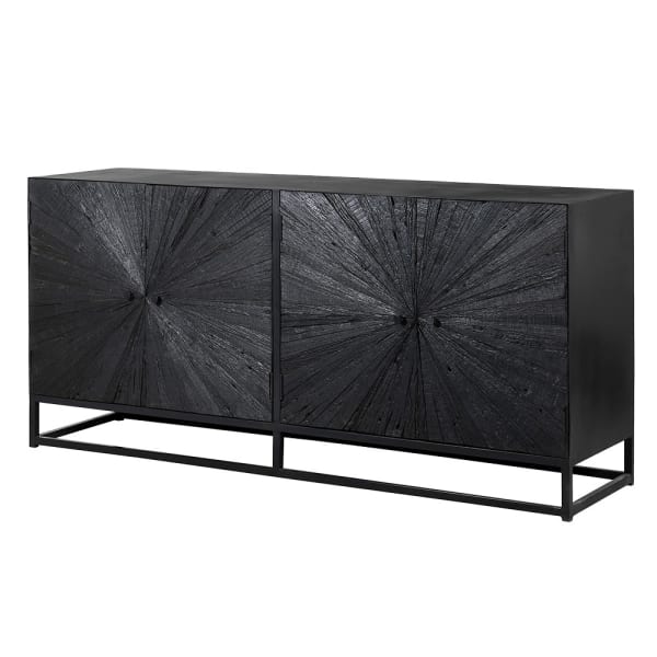 Black Acacia four-door wooden sideboard with carved fronts and iron base