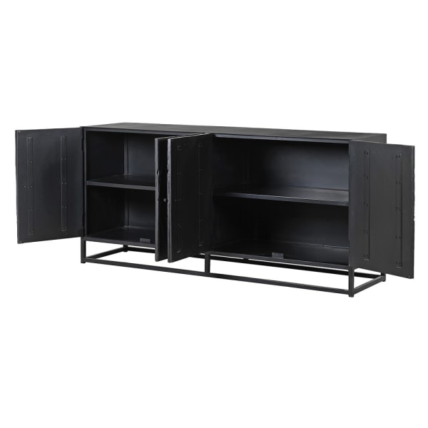 Black Acacia four-door wooden sideboard with carved fronts and iron base