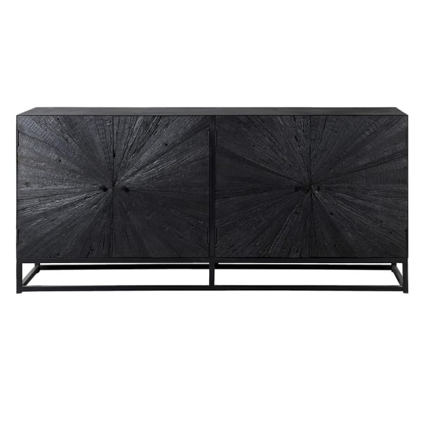 Black Acacia four-door wooden sideboard with carved fronts and iron base