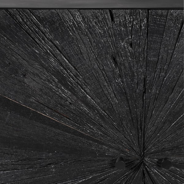Black Acacia four-door wooden sideboard with carved fronts and iron base