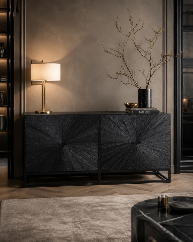 Black Acacia four-door wooden sideboard with carved fronts and iron base