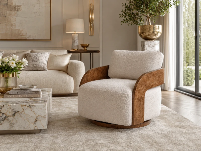 Heron Burl Swivel Armchair – White Boucle with Wooden Frame