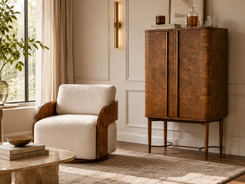 Burl Wood Drinks Cabinet with Mirrored Interior