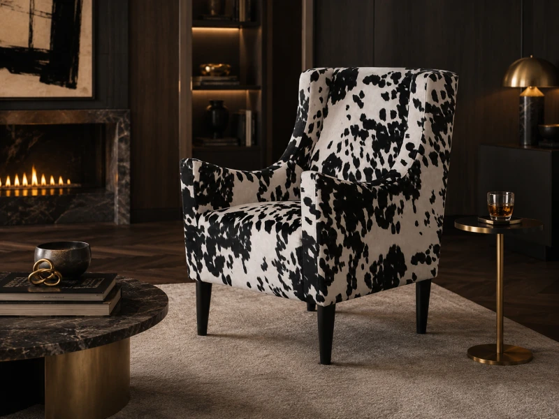 Cow Designer Armchair - 98 cm, Black and White Hair-on-Hide Effect