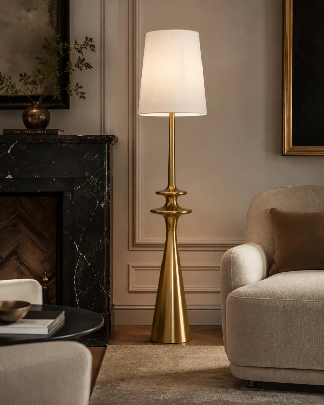 Belgrave Gold floor lamp 161 cm with white linen shade