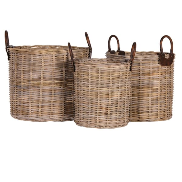 Set of three Taba rattan baskets with leather handles