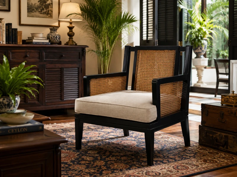 Black Shire Armchair rattan linen upholstery mahogany wood