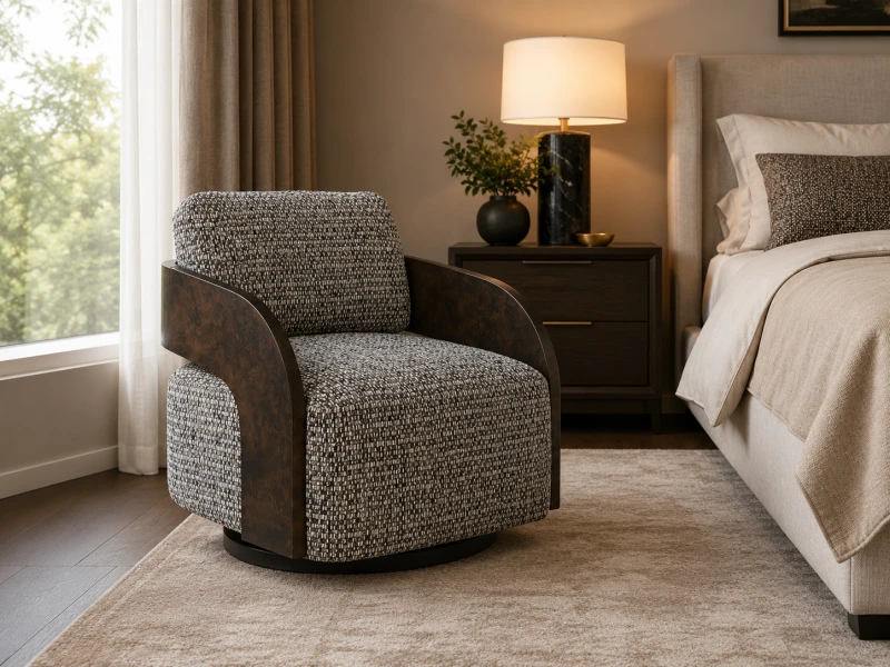Heron Cobblestone grey swivel armchair with dark wooden frame