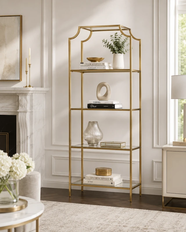 Gold shelving unit with four tempered glass shelves