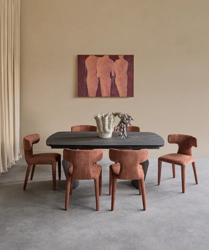 Finsbury ceramic dining table seating six with upholstered chairs