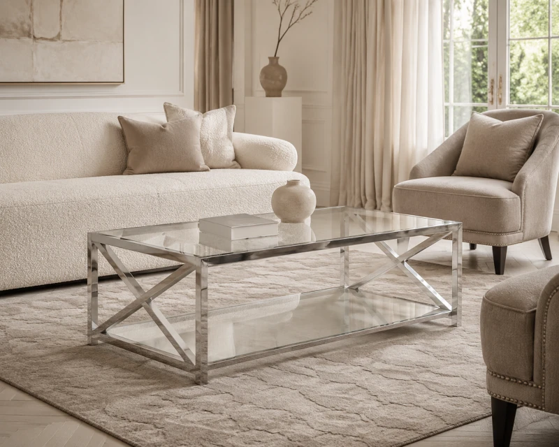 Linton Clear Rectangular Coffee Table 70x130cm glass top stainless steel x-frame