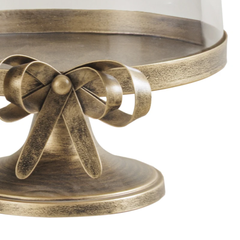 Antique gold pedestal cake stand with clear glass cloche