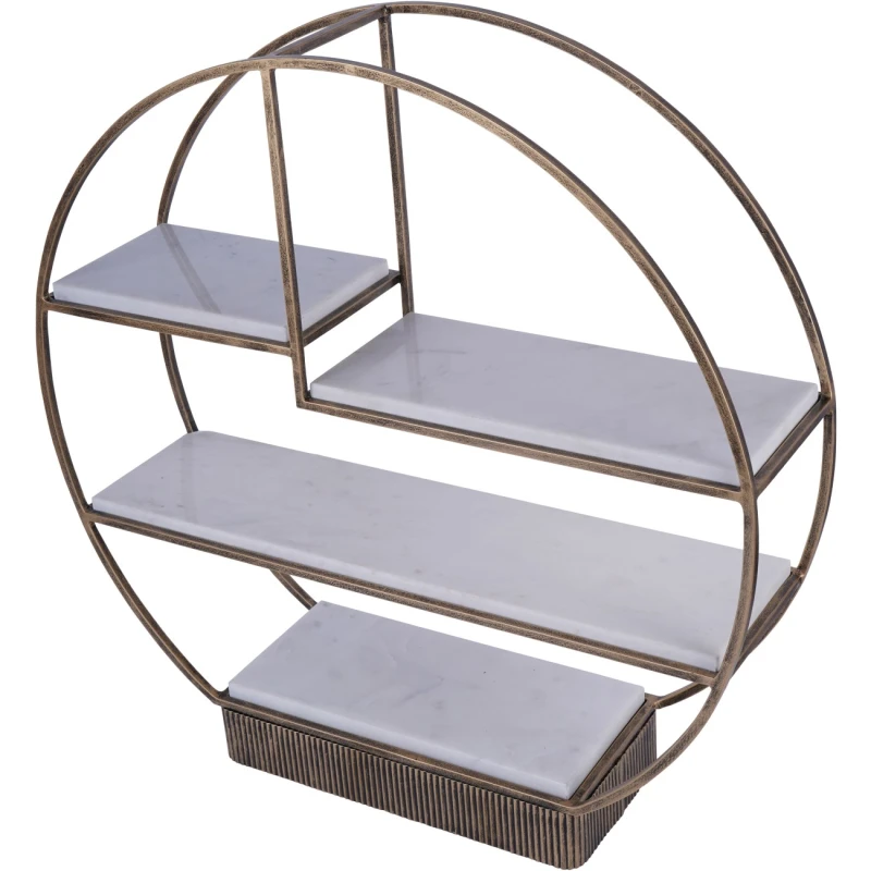Gold tiered serving stand with white Banswara marble platforms