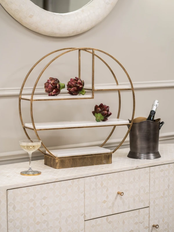 Primrose white marble multi-tier buffet stand in aged gold