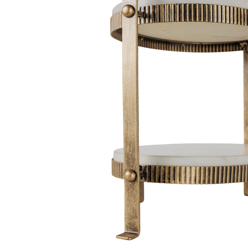 Gold tiered serving stand with white Banswara marble
