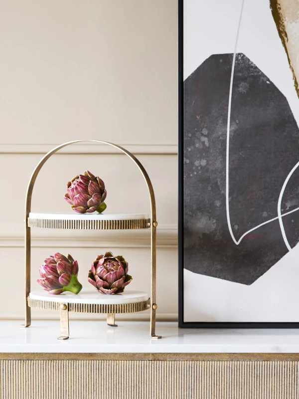 Primrose two-tier marble serving stand in antique gold