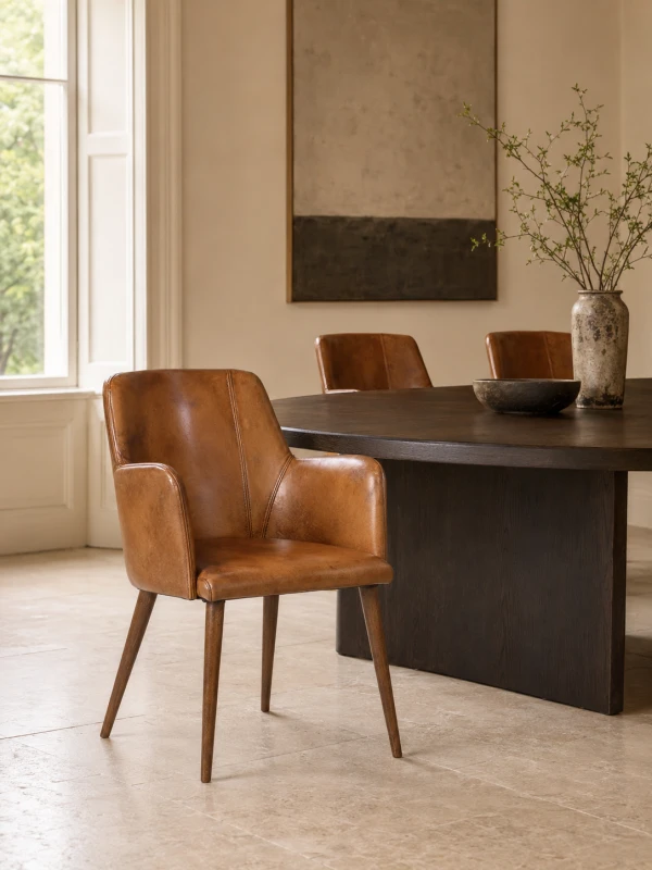 Brown Italian buffalo leather carver dining chair