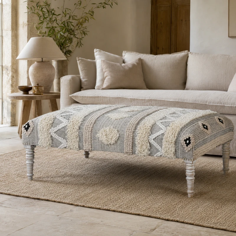 Cotton and wool footstool with turned mango wood legs