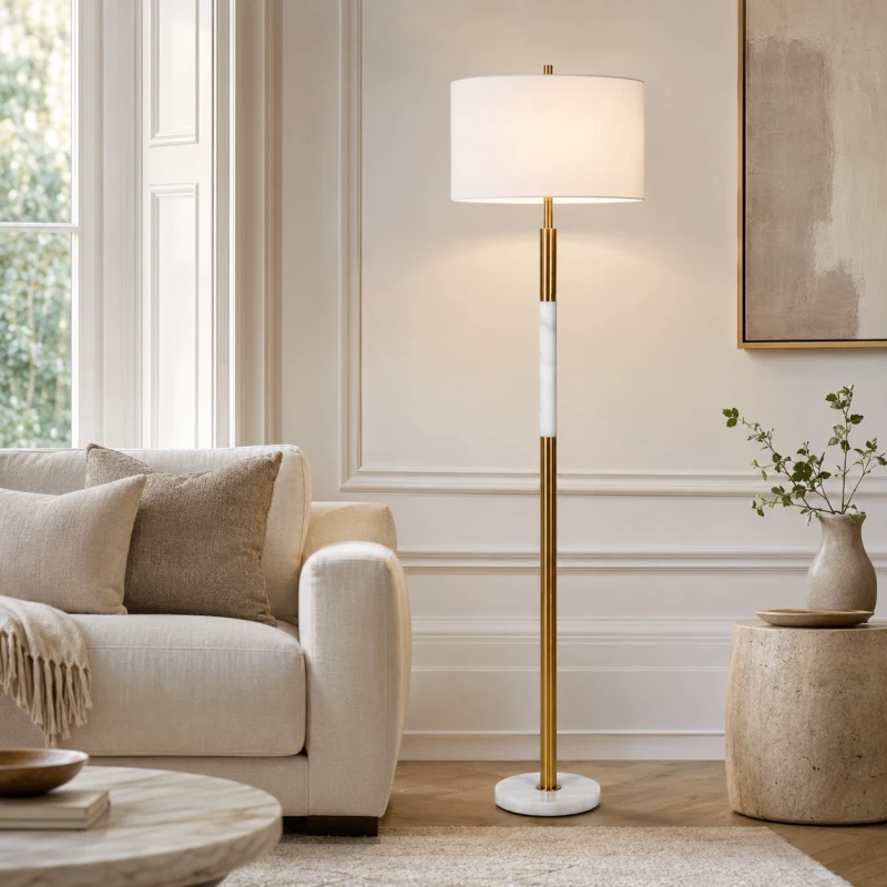 Marble White 157cm floor lamp with a white marble base and gold frame