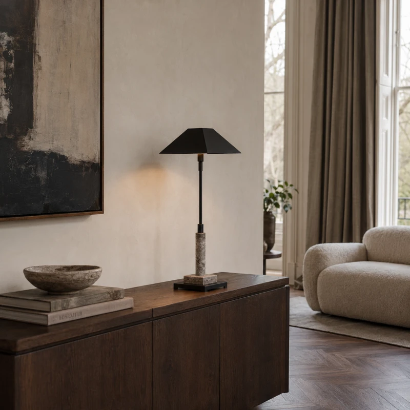 Large black table lamp with a natural grey marble column