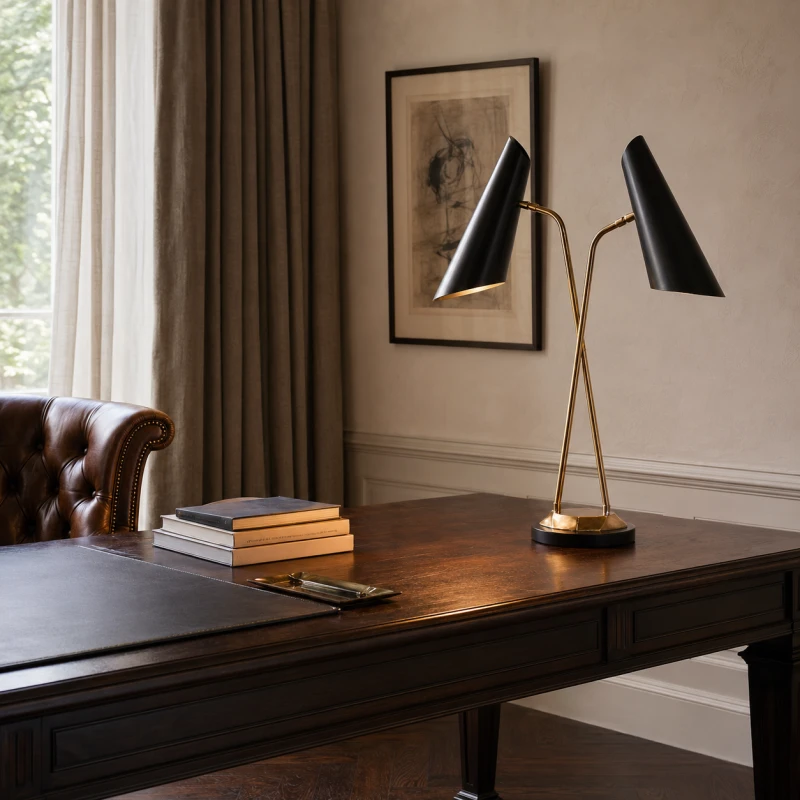 Halycon Black 80cm desk lamp with two black metal shades