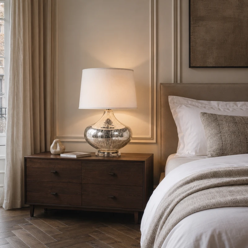 Silvered glass table lamp with a rounded mercury-effect base