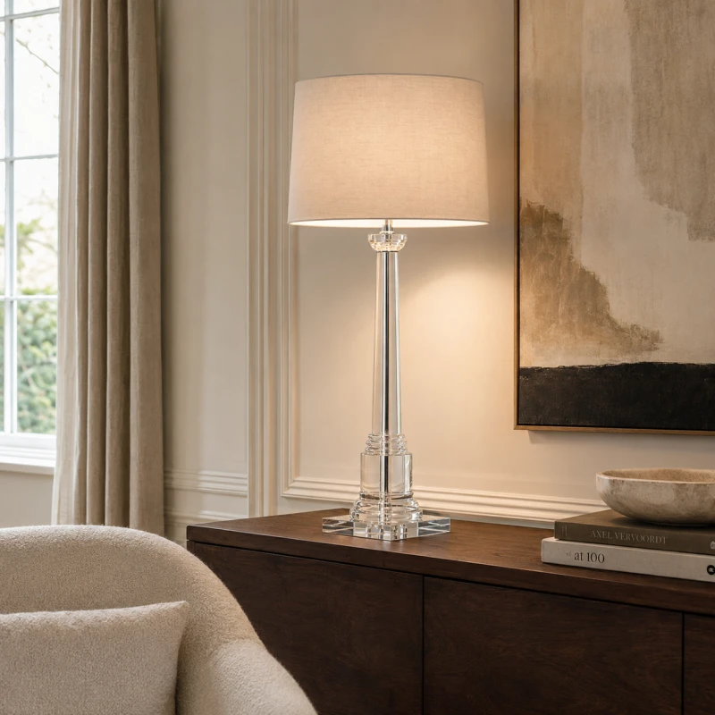 Crystal glass table lamp with a beige linen shade, 98cm high