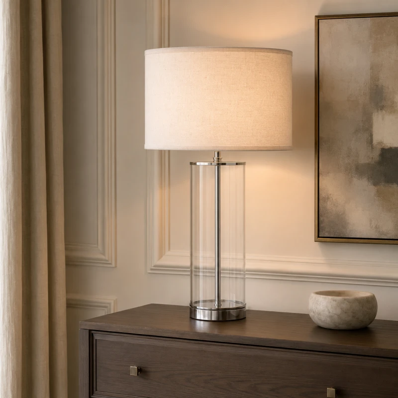 Glass Luxury clear glass table lamp with a cream linen shade
