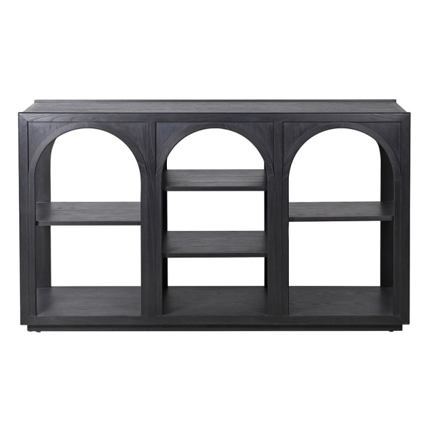 Black console table with three arched open shelves