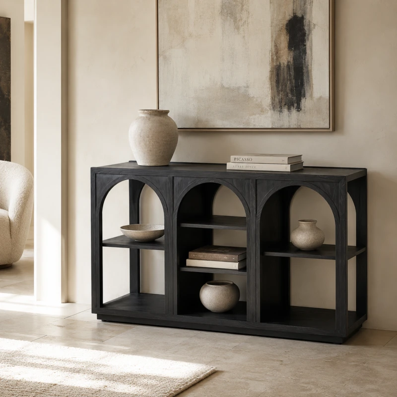 Arched Black 148cm console table with three arches and fixed shelving