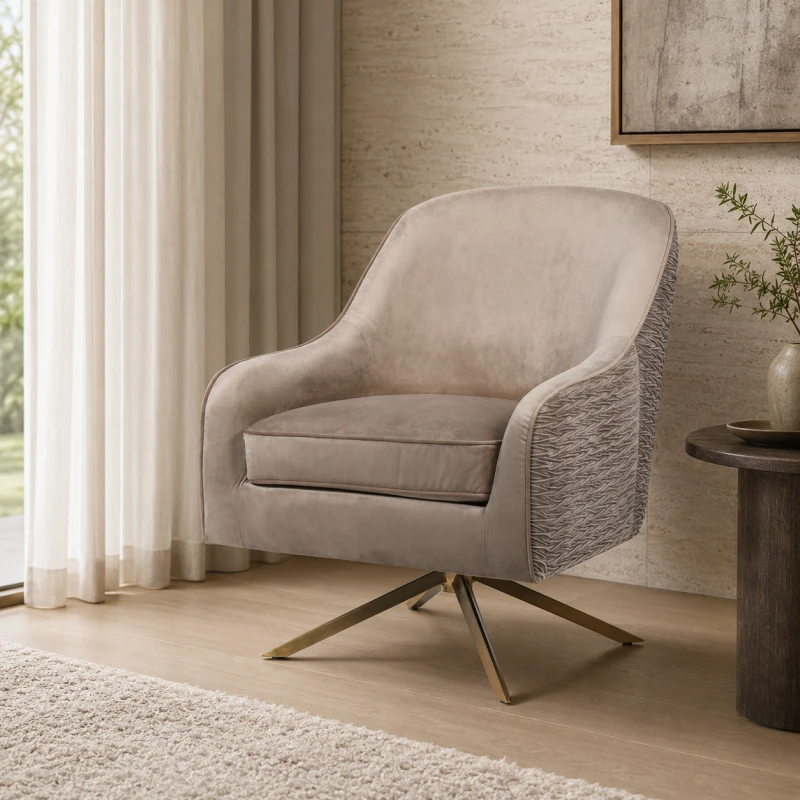Knightsbridge beige velvet swivel armchair in a luxury living room