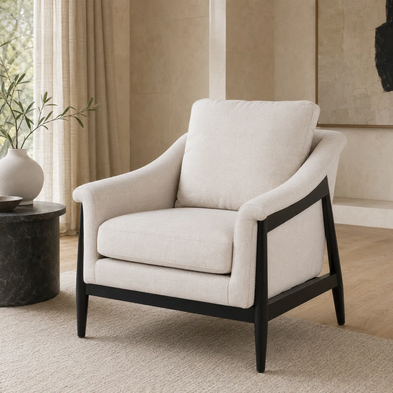 Memphis II white linen armchair with black wooden frame