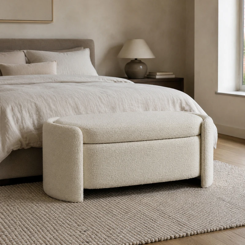 Luxury Boucle Bench Chest 111cm in Cream Boucle Fabric