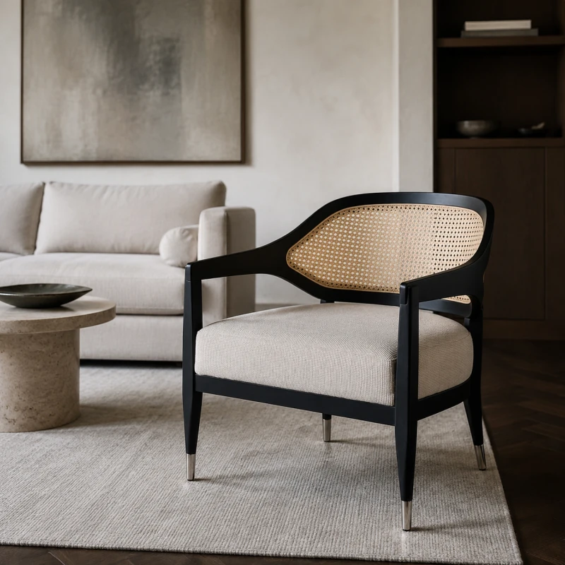 Chelsea Black cane armchair styled in a luxury interior