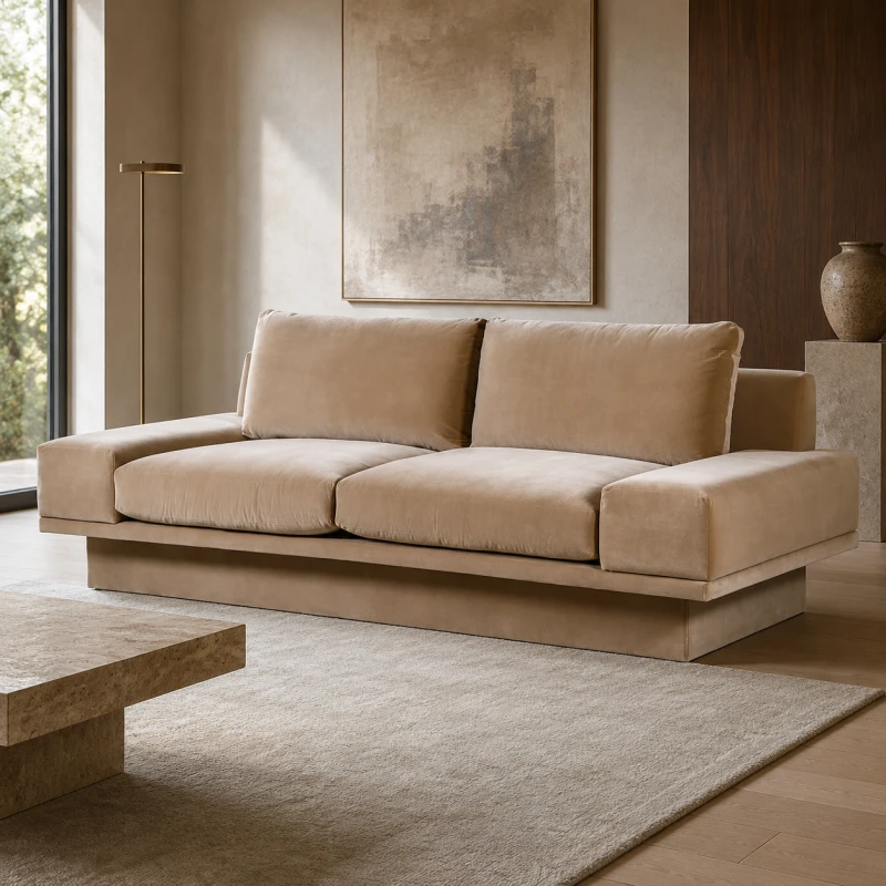 Lyall caramel velvet sofa 240cm with two seat cushions