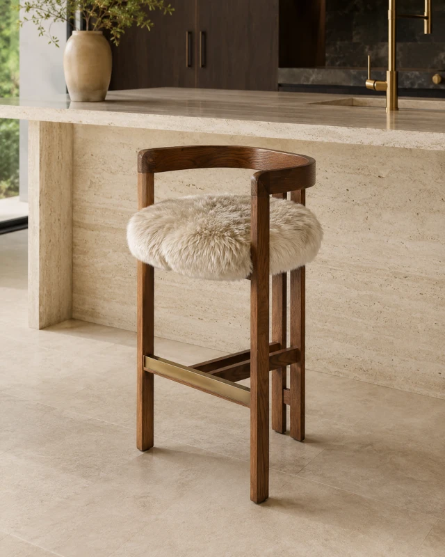 Solid oak Lyall bar stool with natural sheepskin