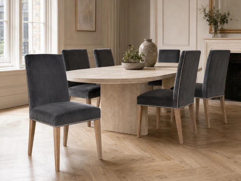 Grey velvet Eccleston Chair with silver nailhead trim