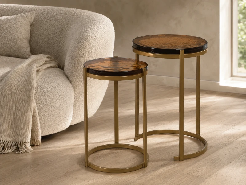 Set of two Amber glass side tables with gold frames