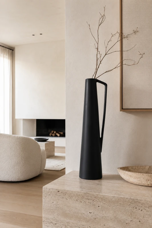 Tall black ceramic vase 50.5cm with sculptural handle