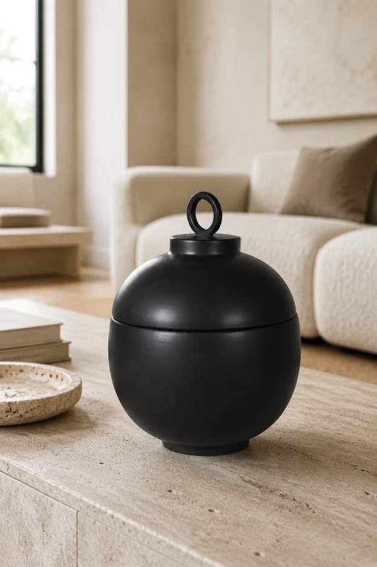 Matte black ceramic jar with a domed lid and ring handle