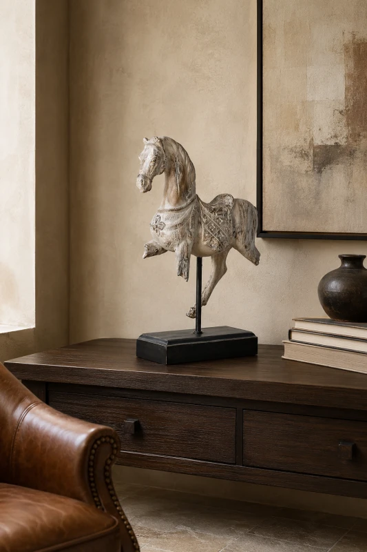 Aged resin horse statue on a black rectangular plinth