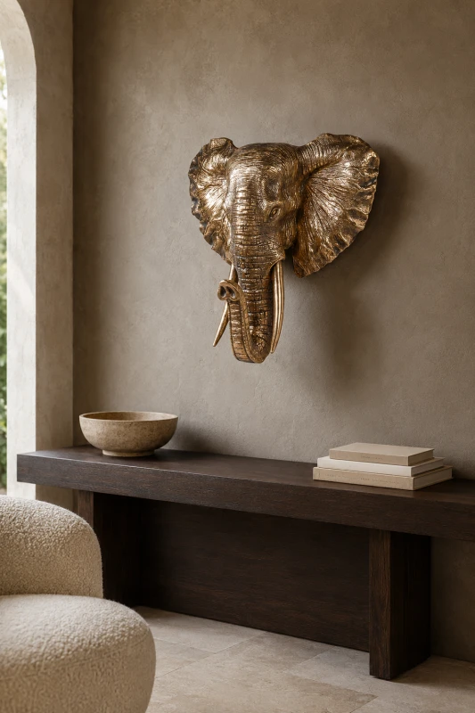 Antiqued gold elephant wall decoration in textured polyresin