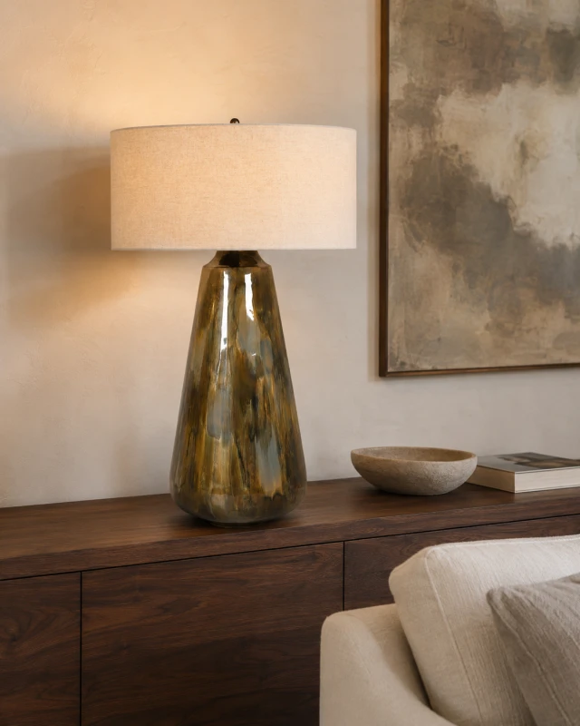 Tall 83cm enamelled iron table lamp with a pale cotton shade
