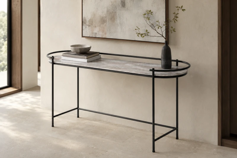 Camden marble console table with a black iron frame